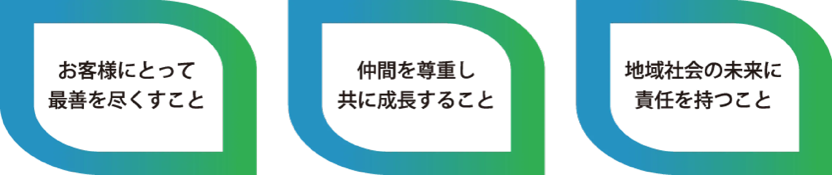 お客様にとって最善を尽くすこと。仲間を尊重し共に成長すること。地域社会の未来に責任を持つこと